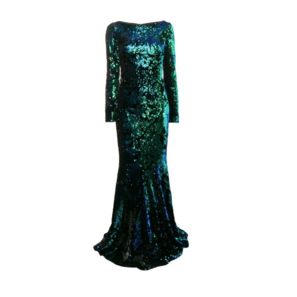 NEW TALBOT RUNHOF Green/Black LORENA Sequin Velvet Gown-US Size 10 (European 40)
